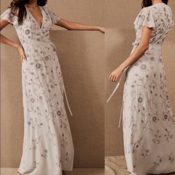 New BHLDN Plymouth XS Blue Grey Fog Embellished Wrap Formal Gown